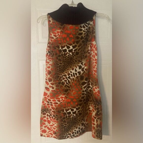 ARYEH Turtle Neck Brown Orange Cheetah Mini Dress Size M - Picture 2 of 9